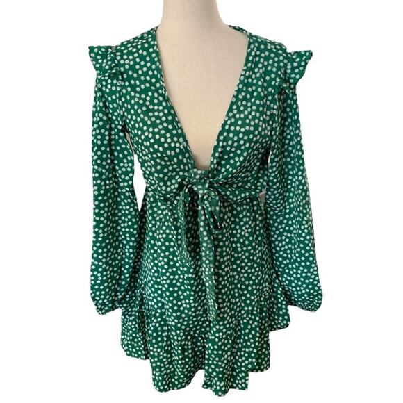 New Green and white polka dot  long sleeve mini dress. Deep V neck. Size Small - Picture 3 of 7